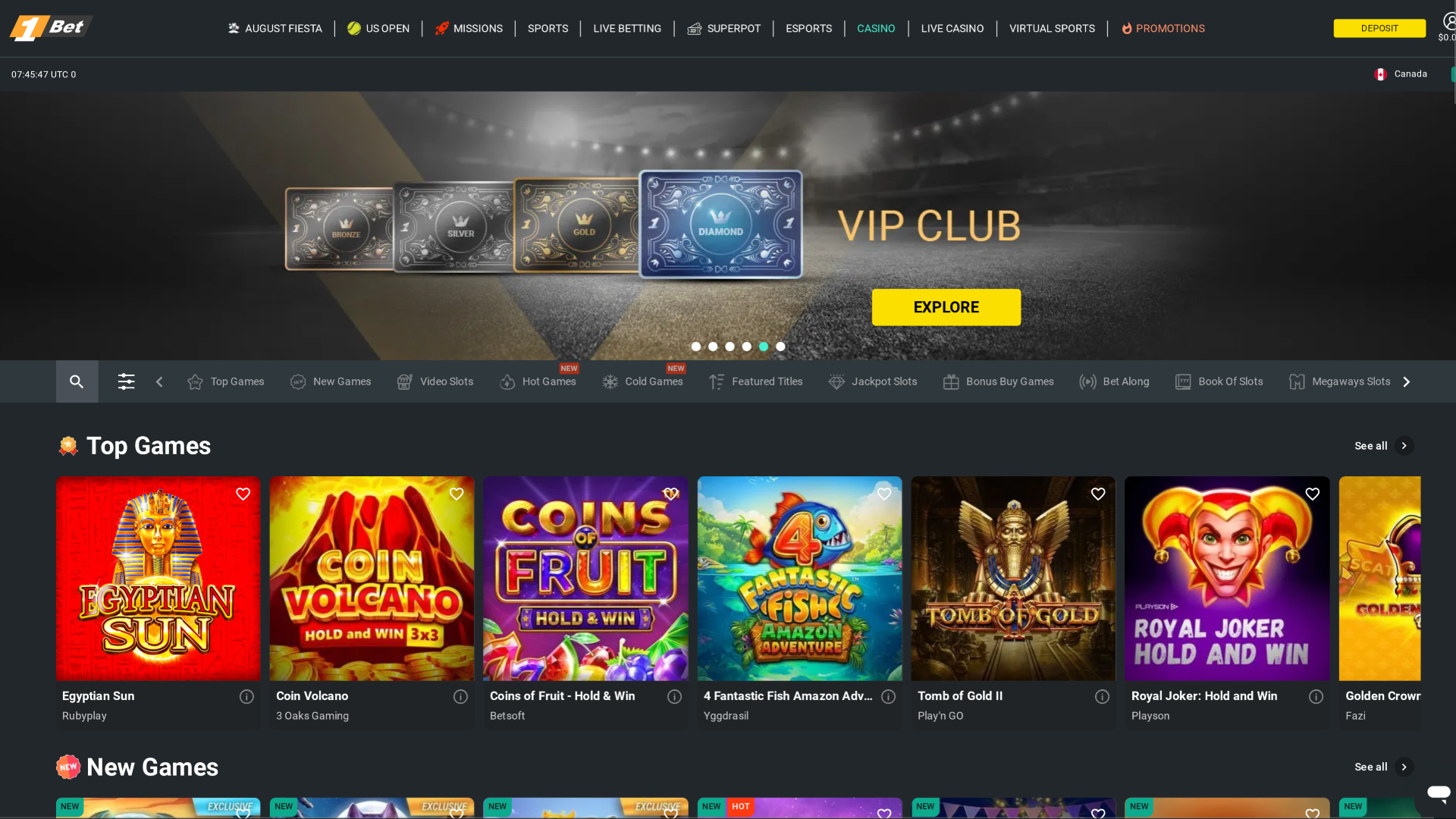 1Bet Casino Desktop Homepage