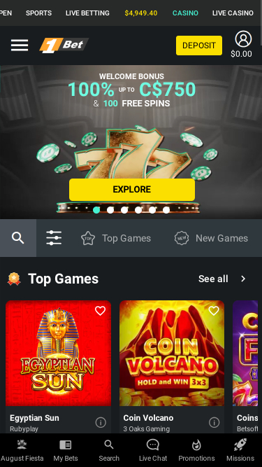 1Bet Casino Mobile Homepage