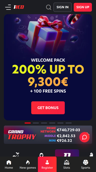 1red Casino Mobile Homepage