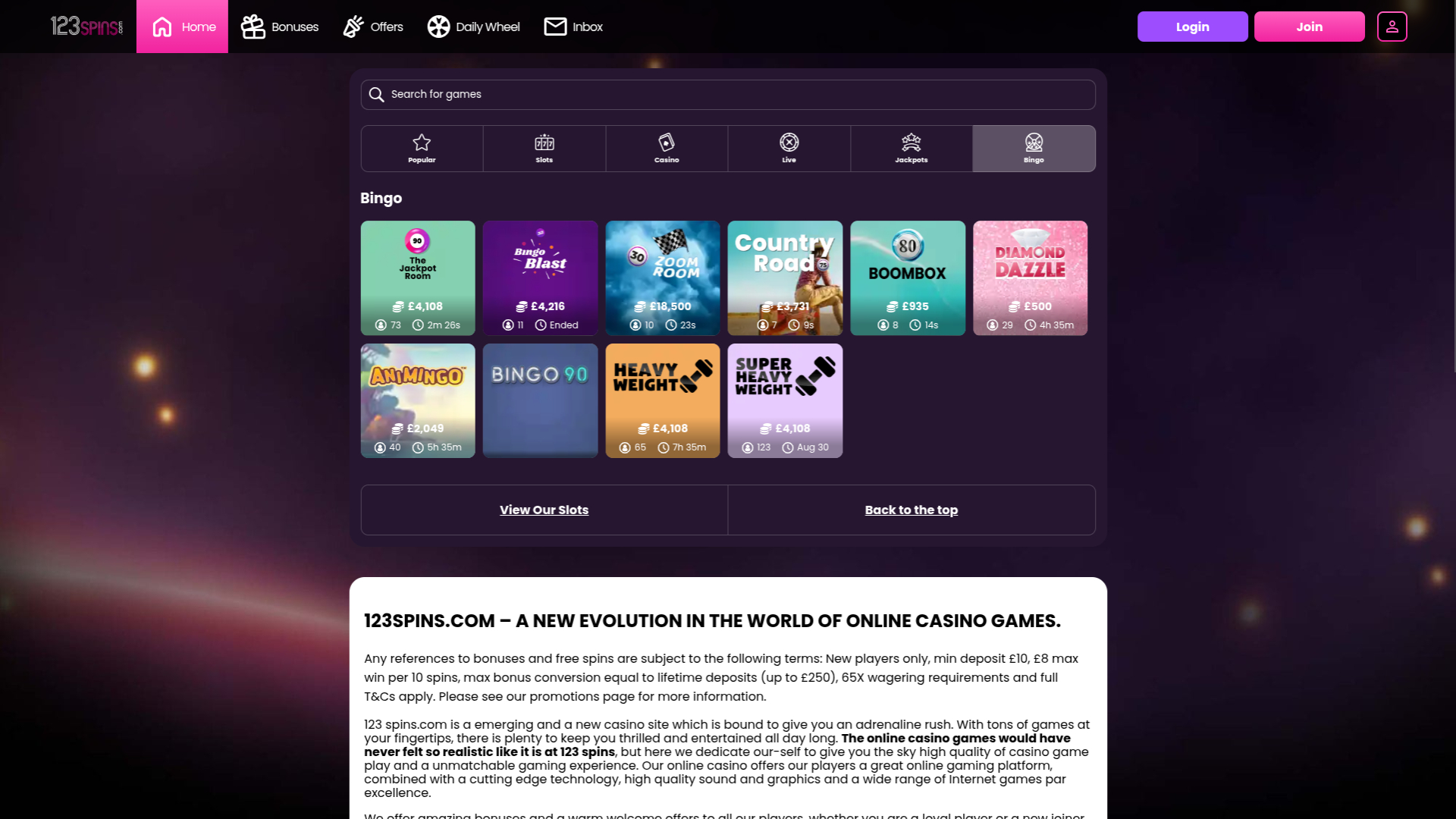 123Spins Casino Desktop Bingo