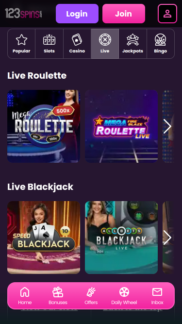 123Spins Casino Mobile Live Dealer