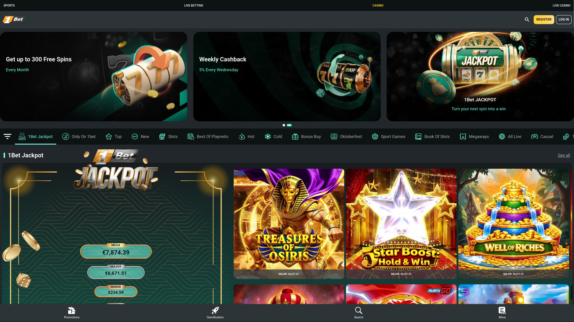 1Bet Casino Desktop Homepage