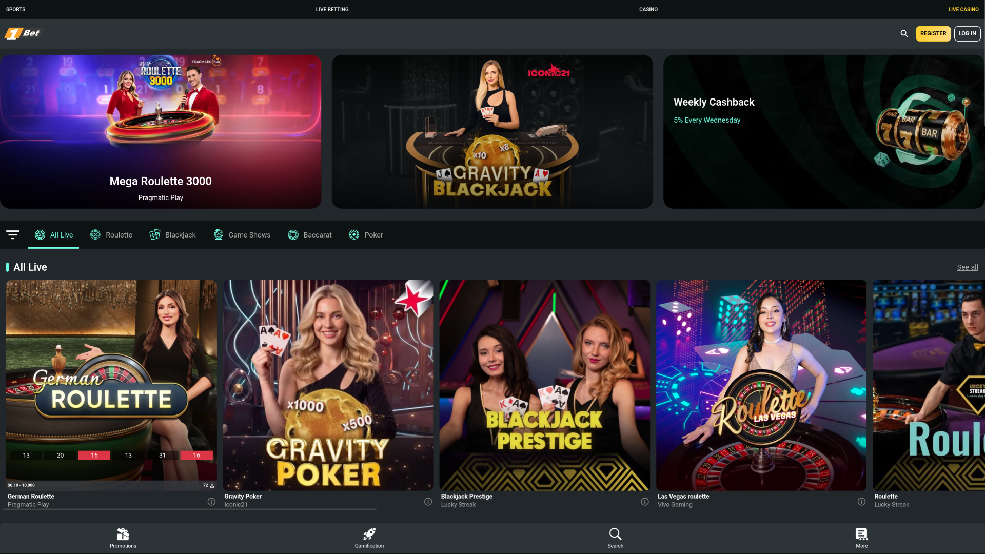 1Bet Casino Desktop Live Dealer