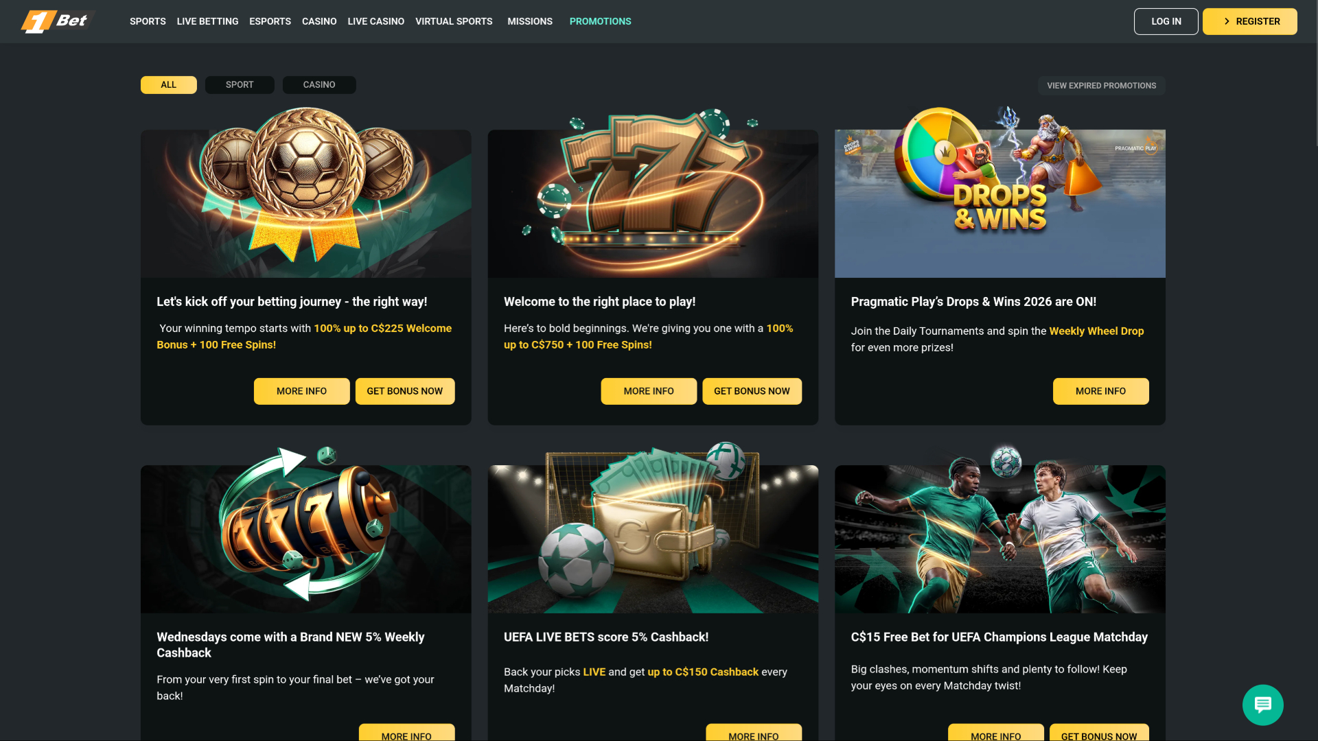 1Bet Casino Desktop Promotions