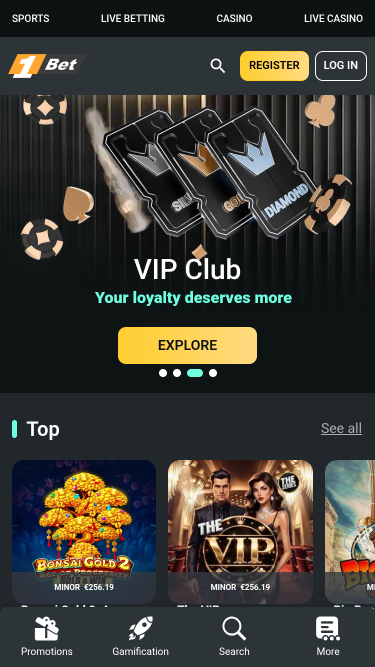 1Bet Casino Mobile Homepage