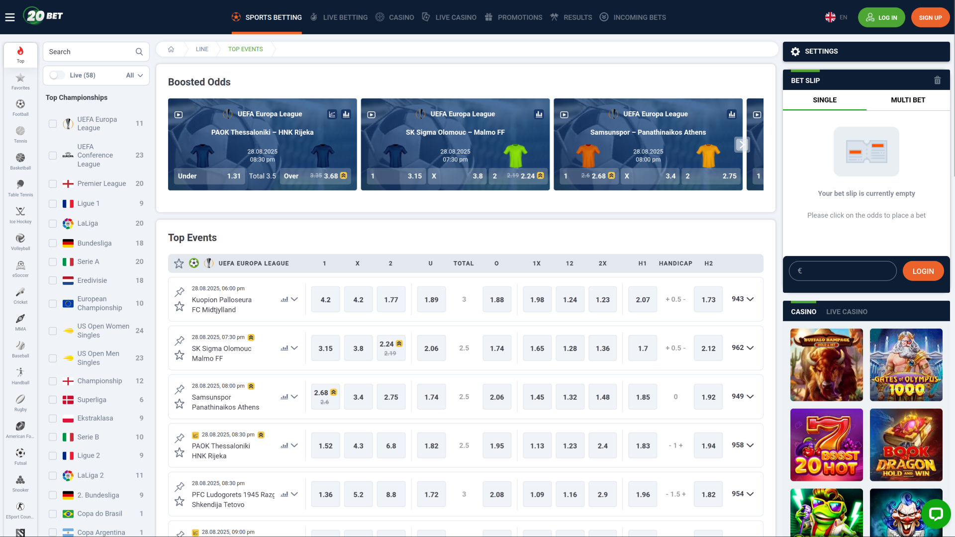 20Bet Casino Desktop Sports