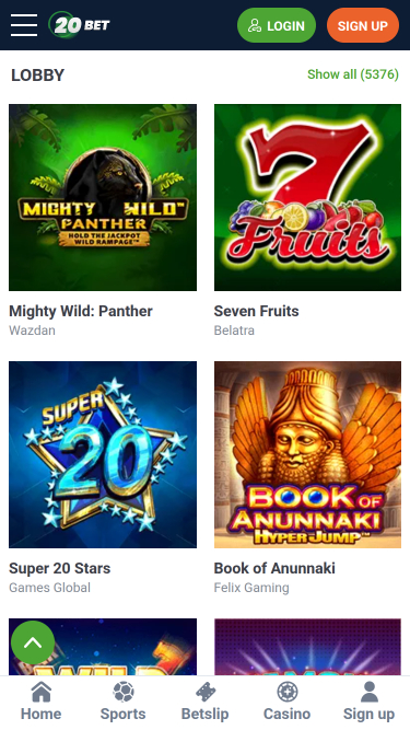 20Bet Casino Mobile Games