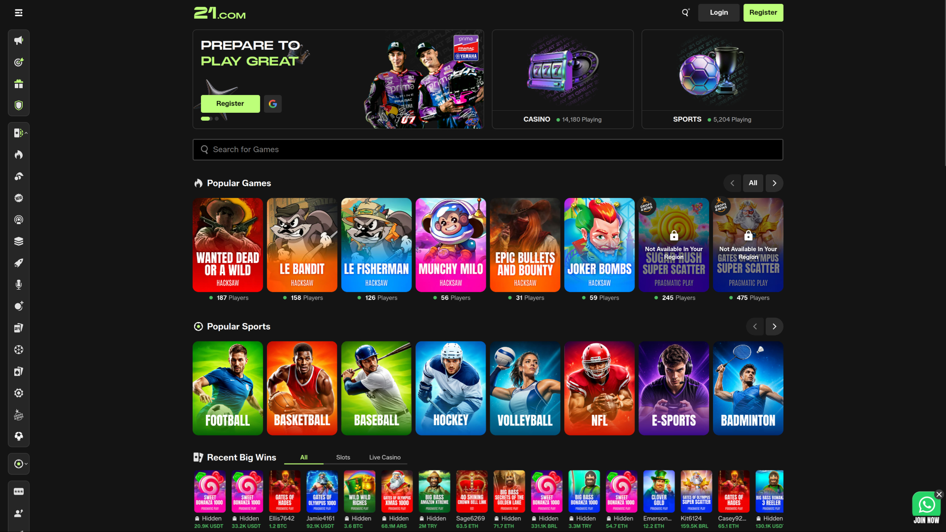 21.com Casino Desktop Homepage
