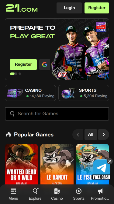 21.com Casino Mobile Homepage