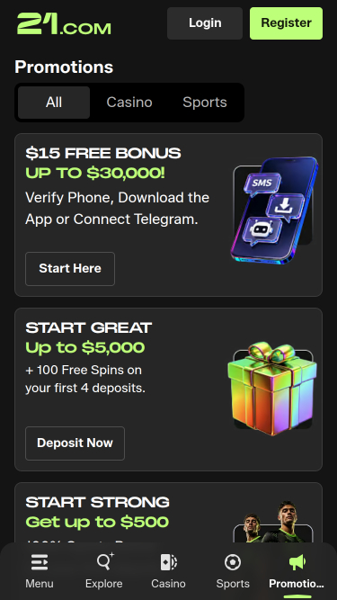 21.com Casino Mobile Promotions
