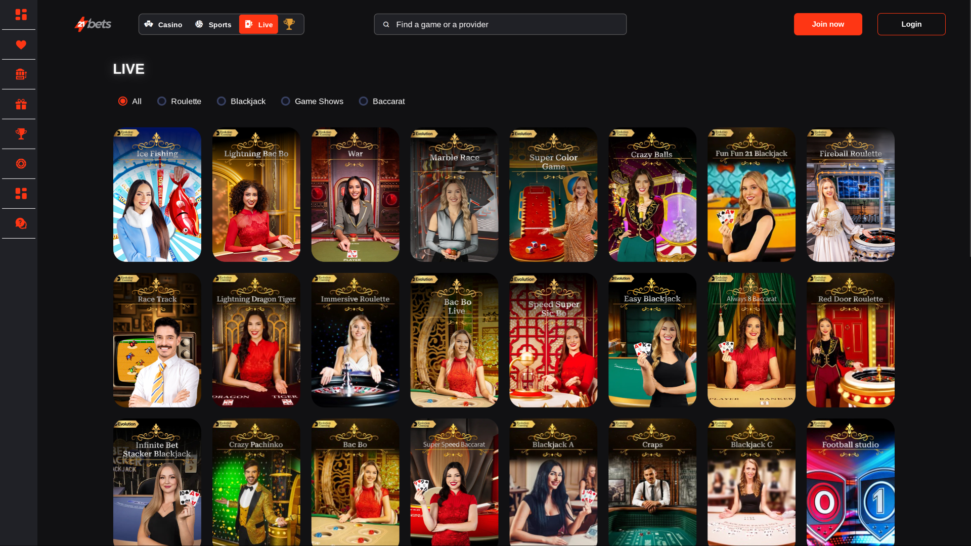 21betscasino.com Desktop Live Dealer