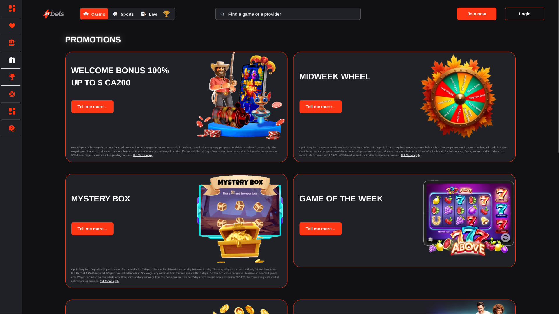 21betscasino.com Desktop Promotions
