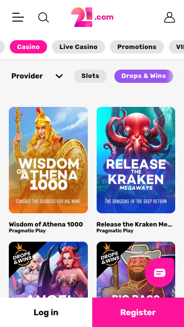 21.com Casino Mobile Drops and Wins
