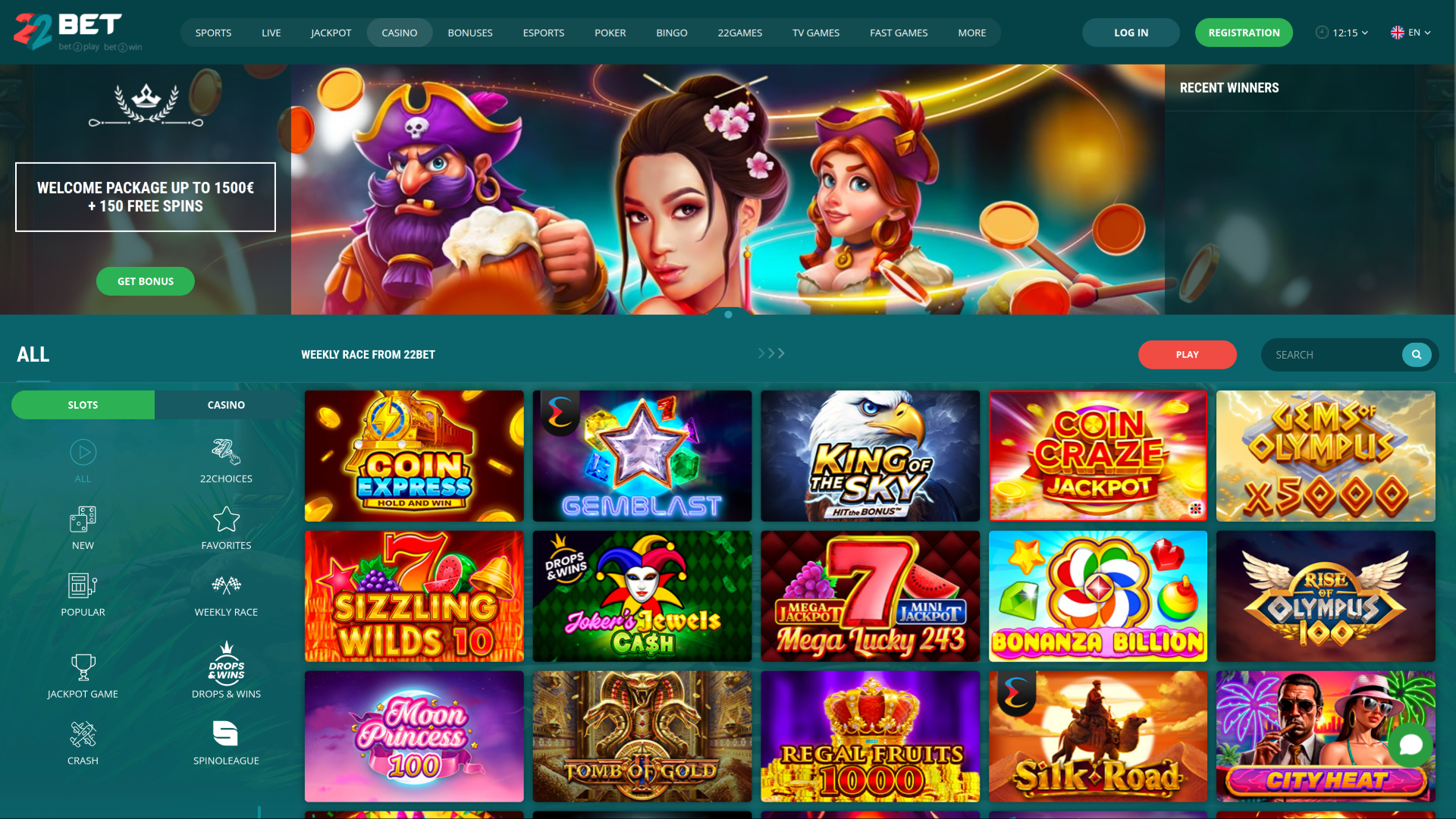 22 Bet Casino Desktop Homepage