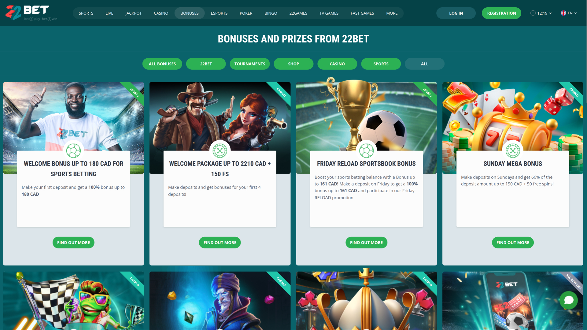 22 Bet Casino Desktop Promotions