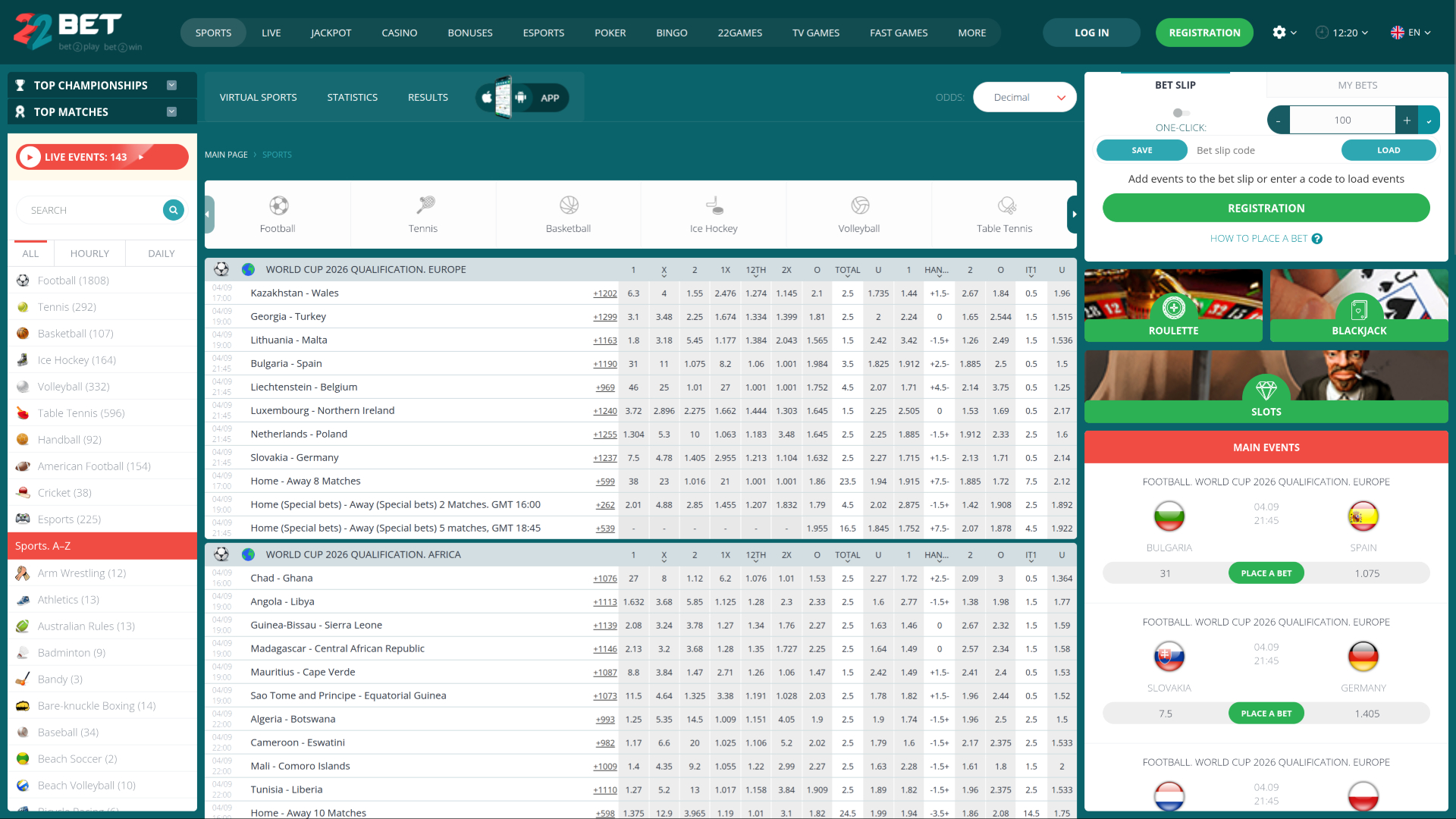 22 Bet Casino Desktop Sports