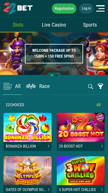 22 Bet Casino Mobile Homepage
