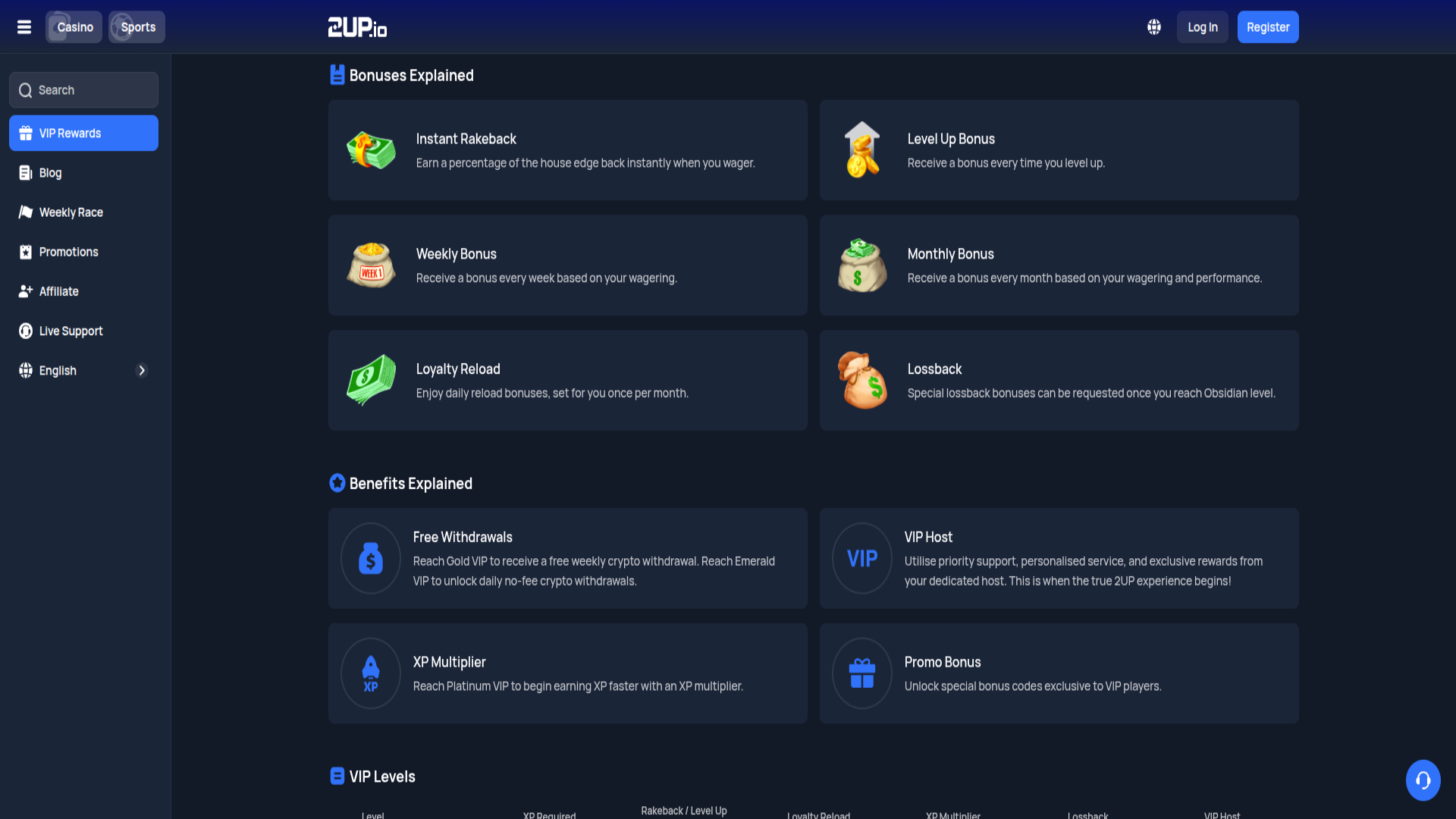 Screenshot of 2up Casino VIP Program for Desktop