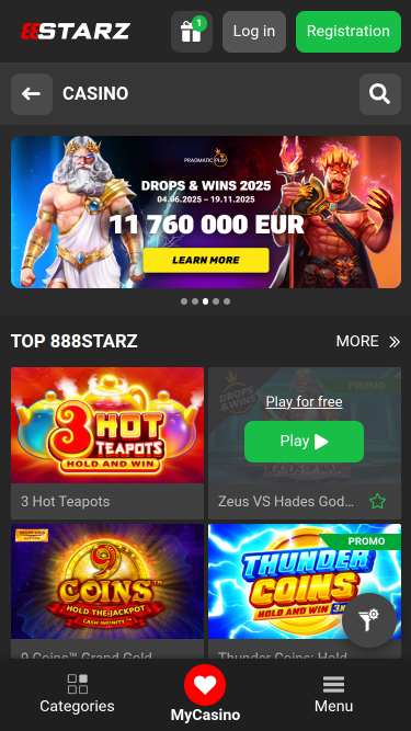 888STARZ Casino Mobile Homepage