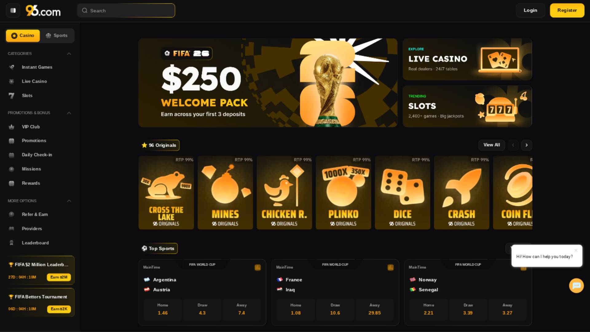 Homepage screenshot of 96 Casino