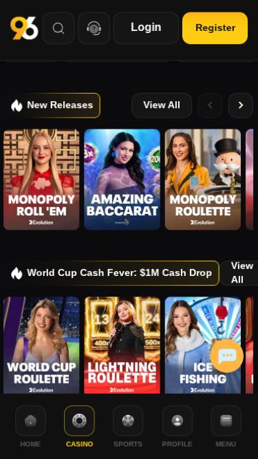 Live Dealer mobile page screenshot of 96 Casino
