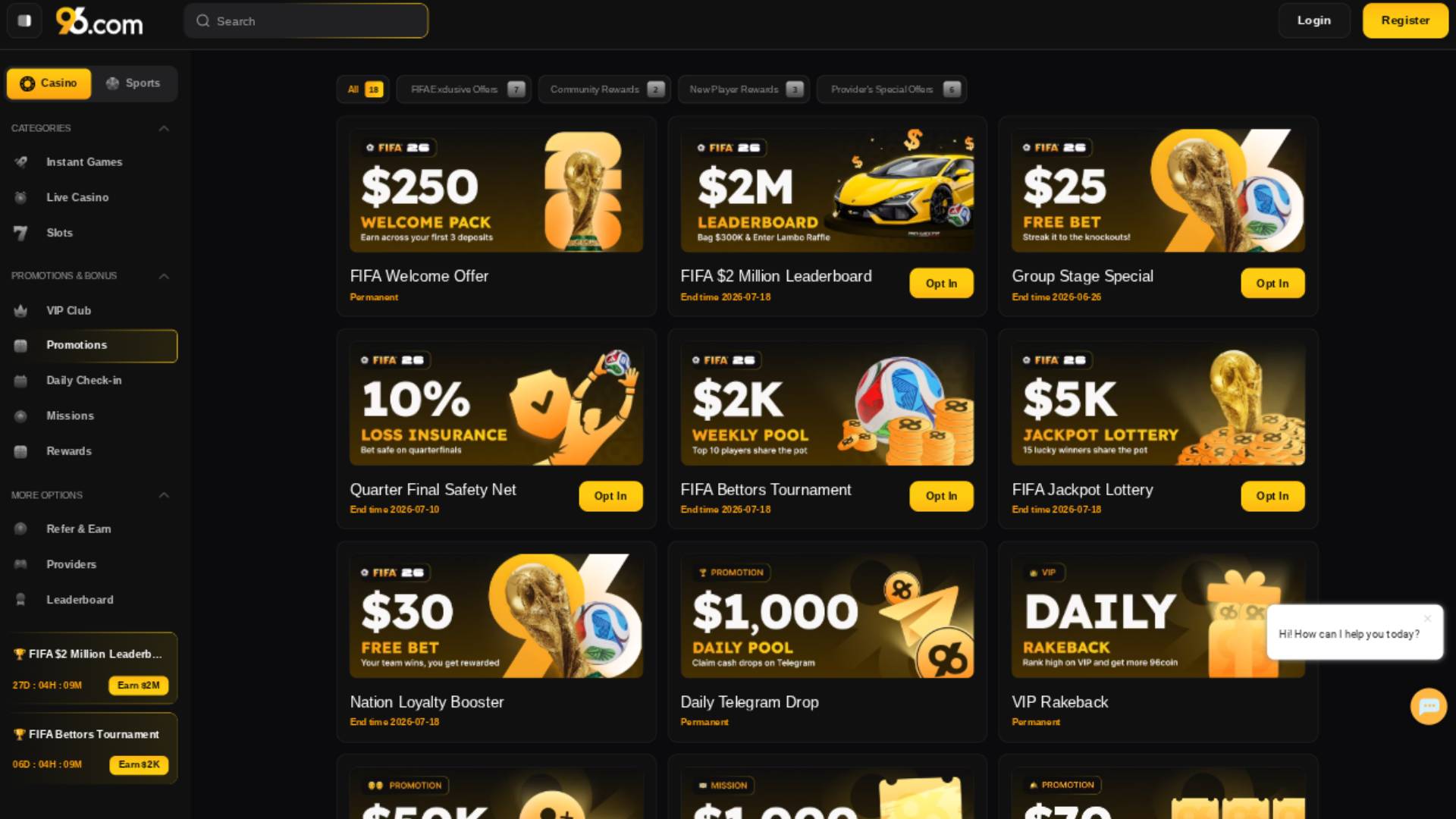 Promotions page screenshot of 96 Casino