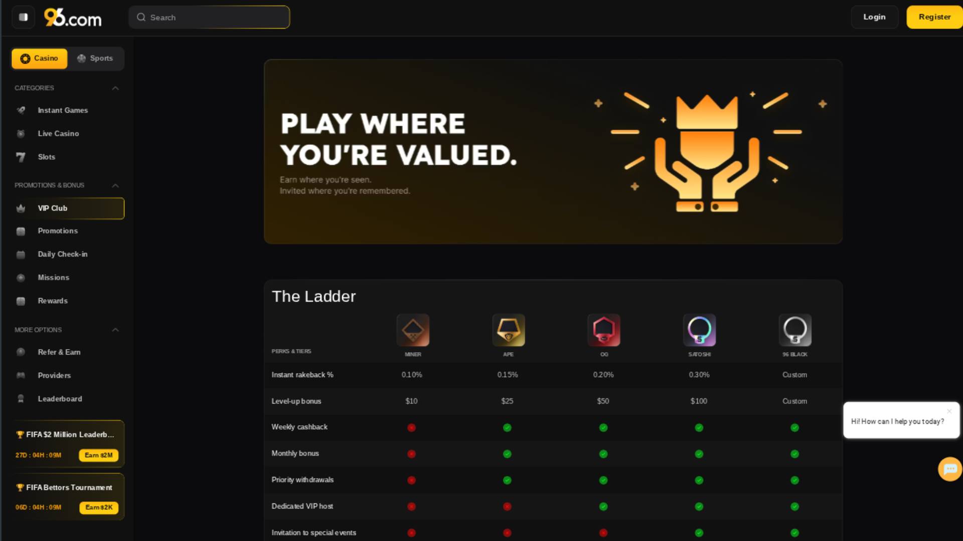 VIP page screenshot of 96 Casino