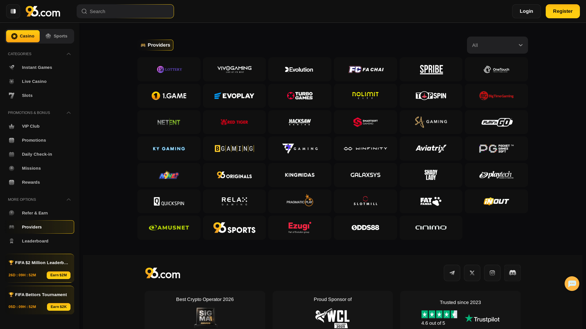 Game Developers page screenshot of 96 Casino
