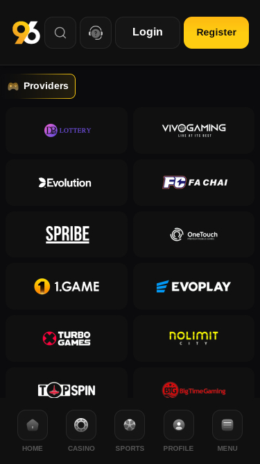 Game Developers mobile page screenshot of 96 Casino