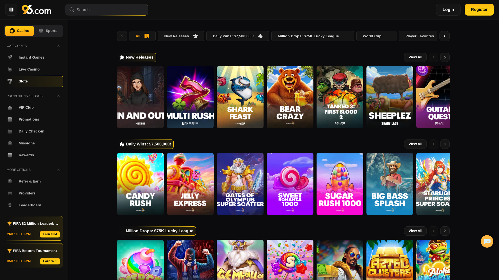 Games page screenshot of 96 Casino
