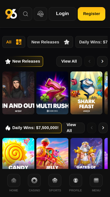 Games mobile page screenshot of 96 Casino