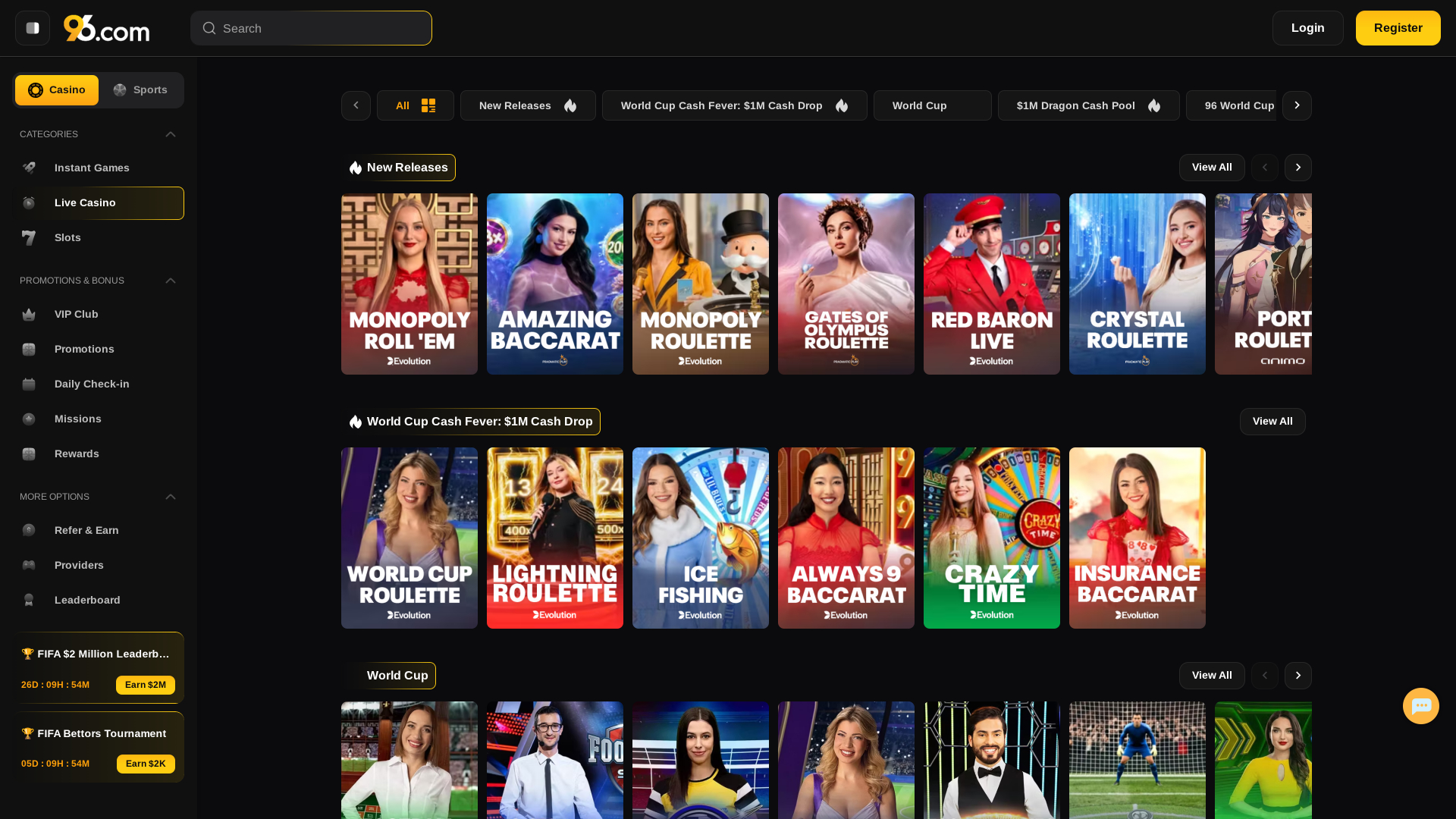 Live Dealer page screenshot of 96 Casino