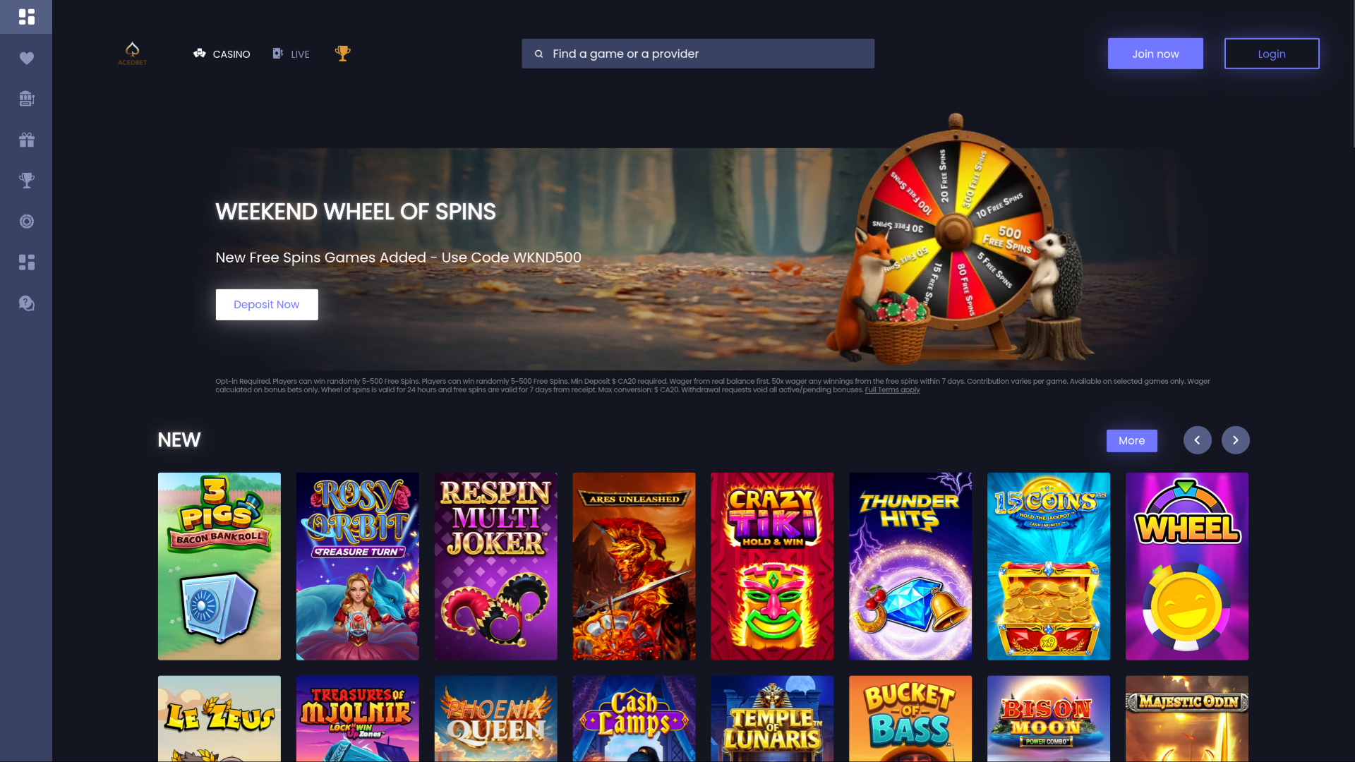 Aced Bet Casino Desktop Homepage