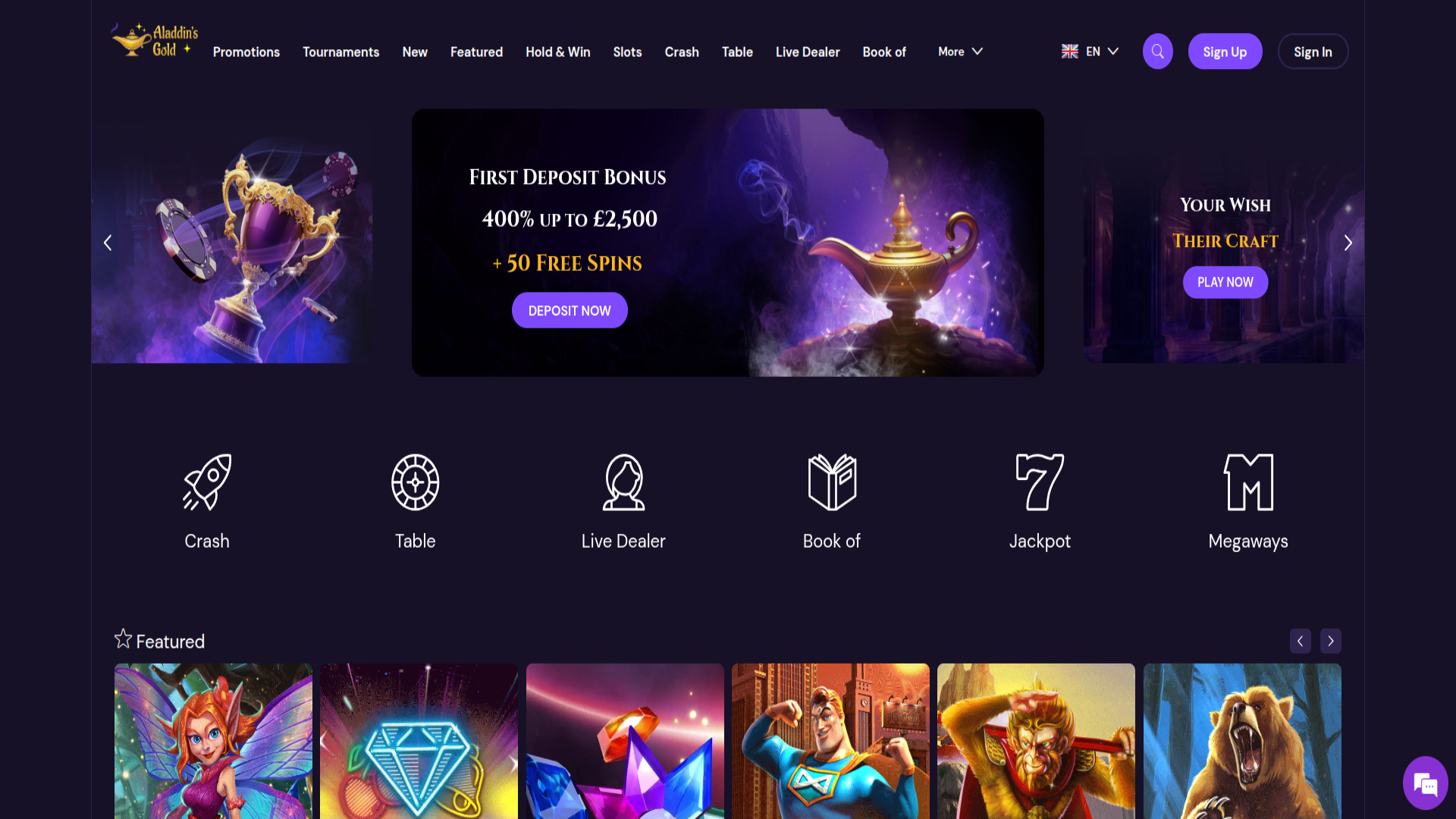Homepage screenshot of Aladdins Gold Casino for Desktop