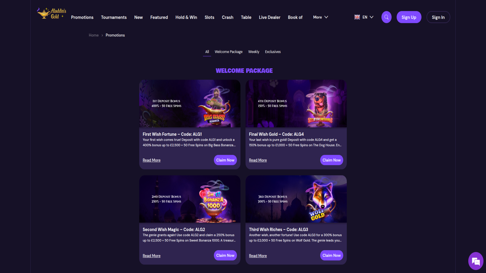 Promotions screenshot of Aladdins Gold Casino for Desktop