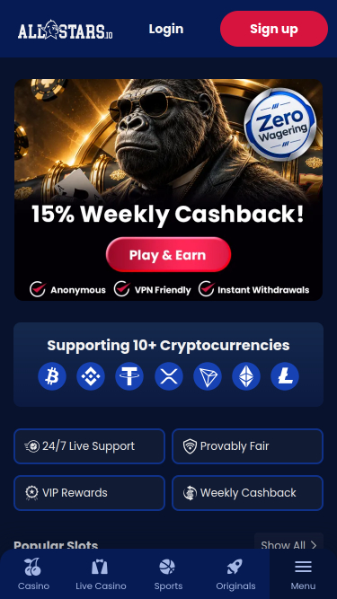 Allstars.io Casino Mobile Homepage