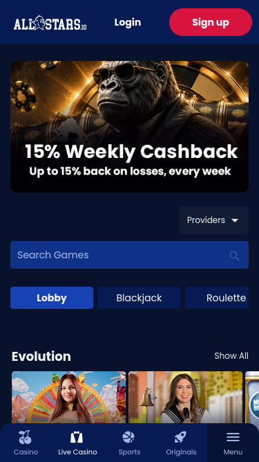 Allstars.io Casino Mobile Live Dealer
