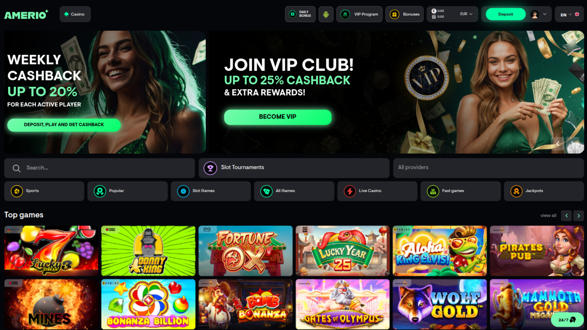 Amerio.bet Casino Desktop Homepage