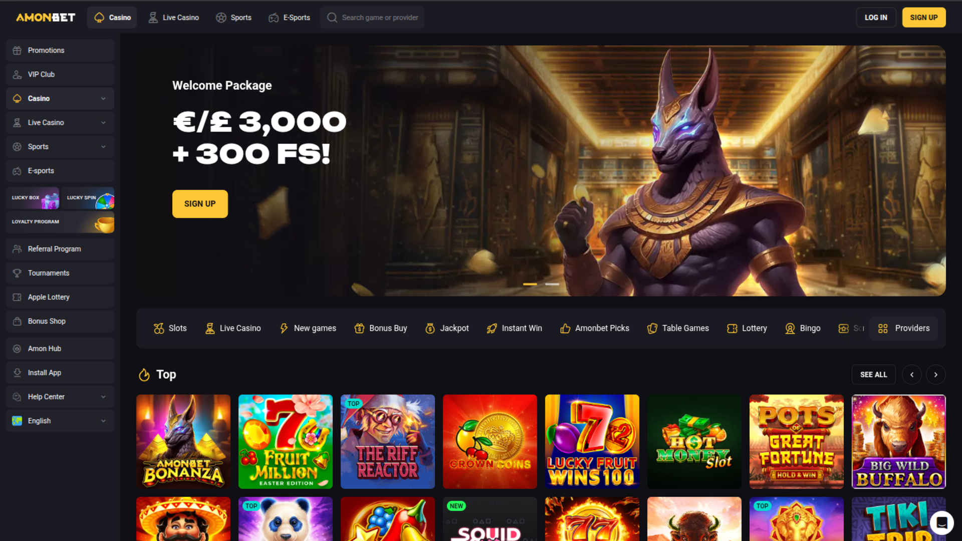 Amonbet Casino Homepage Desktop