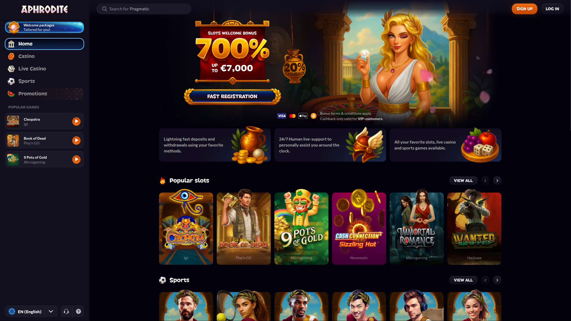 Aphrodite Casino Homepage Desktop