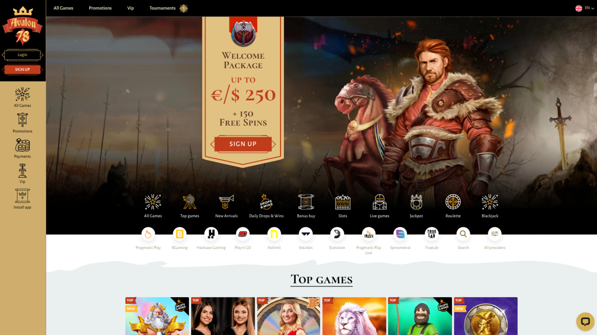 Avalon78 Casino Desktop Homepage