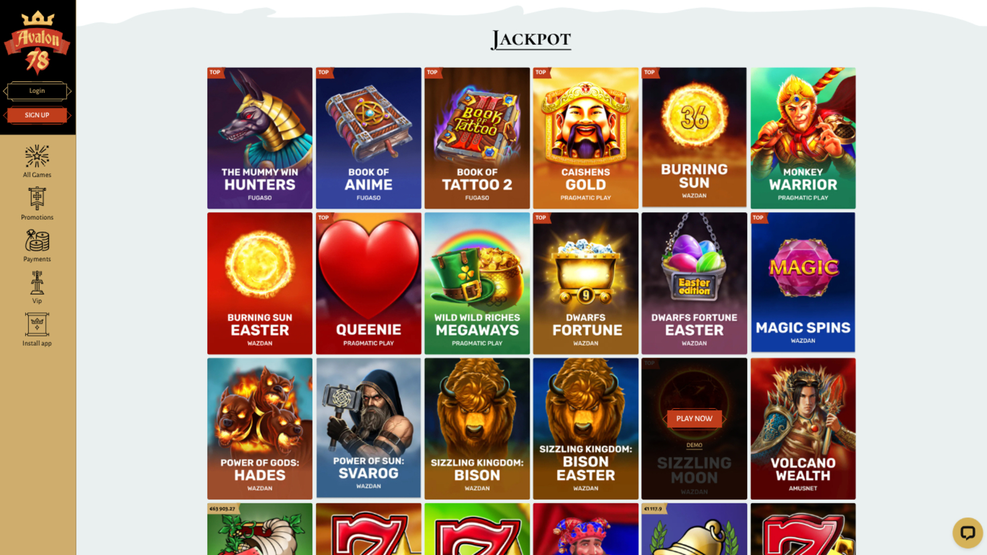 Avalon78 Casino Desktop Jackpot