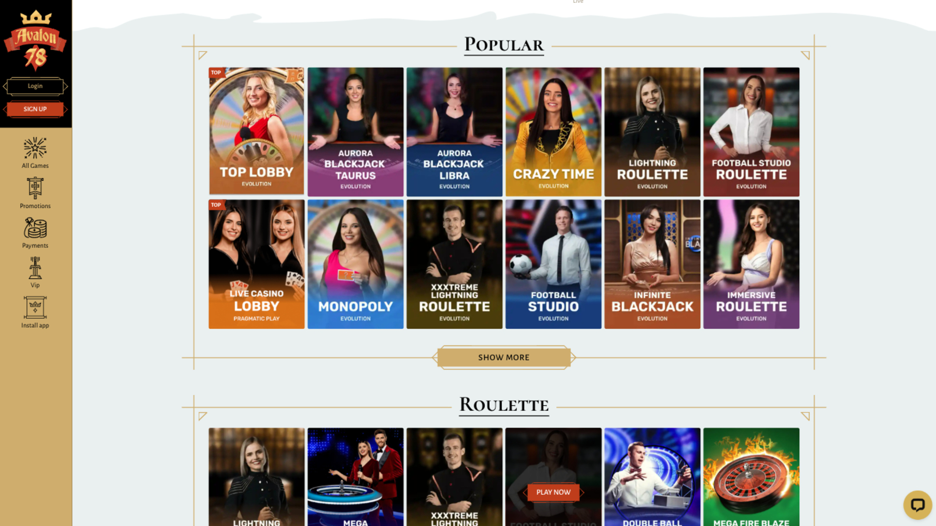 Avalon78 Casino Desktop Live Dealer