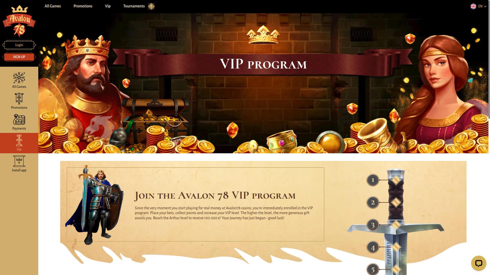 Avalon78 Casino VIP Desktop Interface