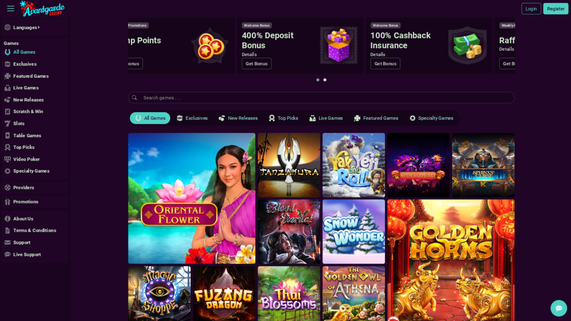 Avantgarde Casino Desktop Homepage