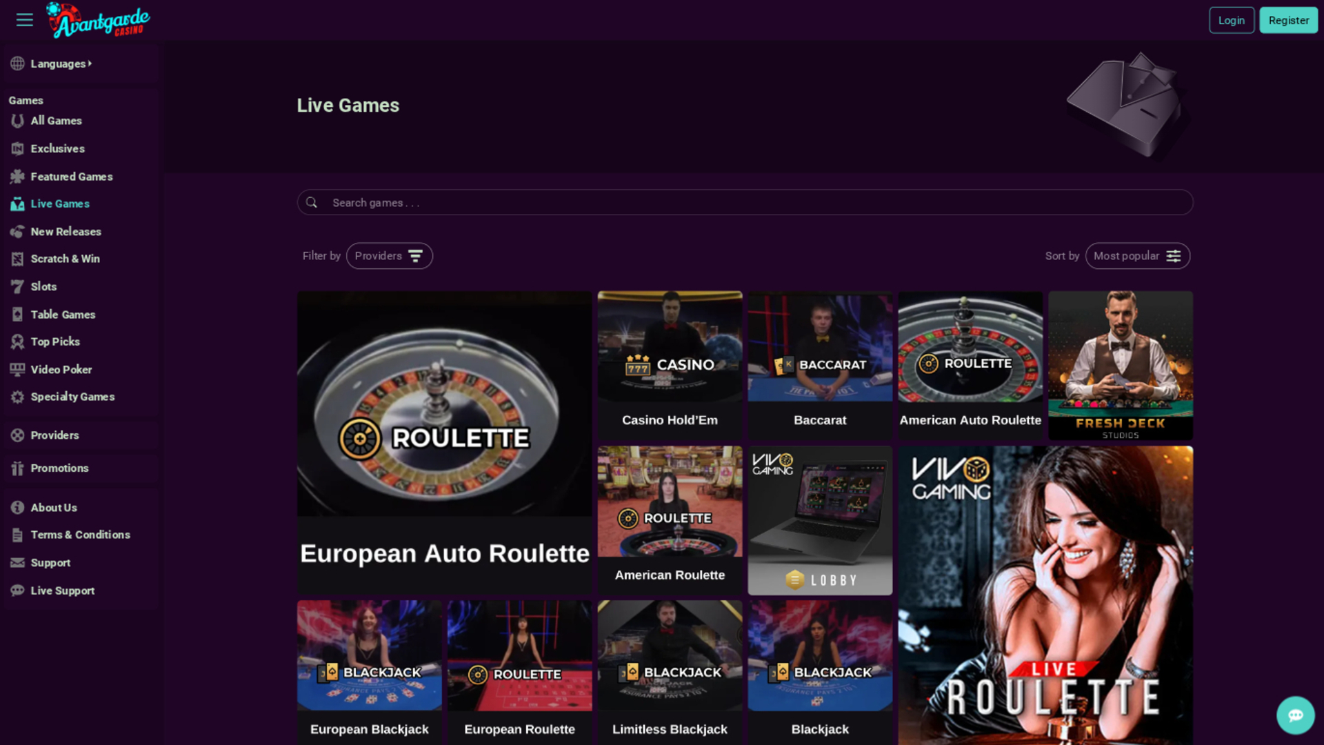 Avantgarde Casino Desktop Live Dealer