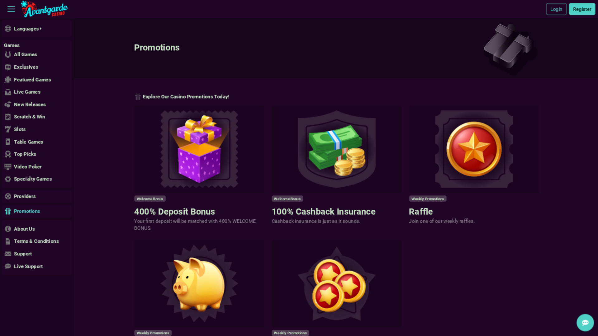 Avantgarde Casino Desktop Promotions