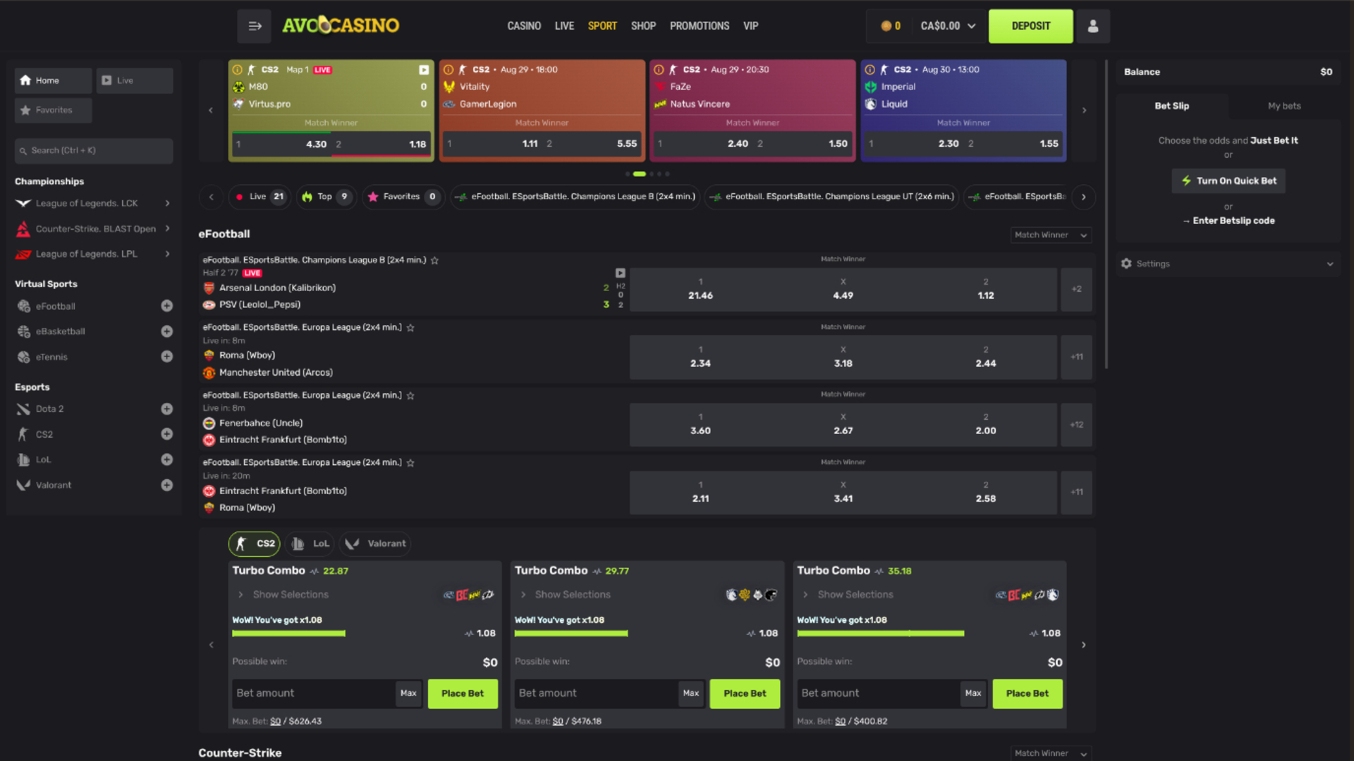 Avocasino Desktop Sports