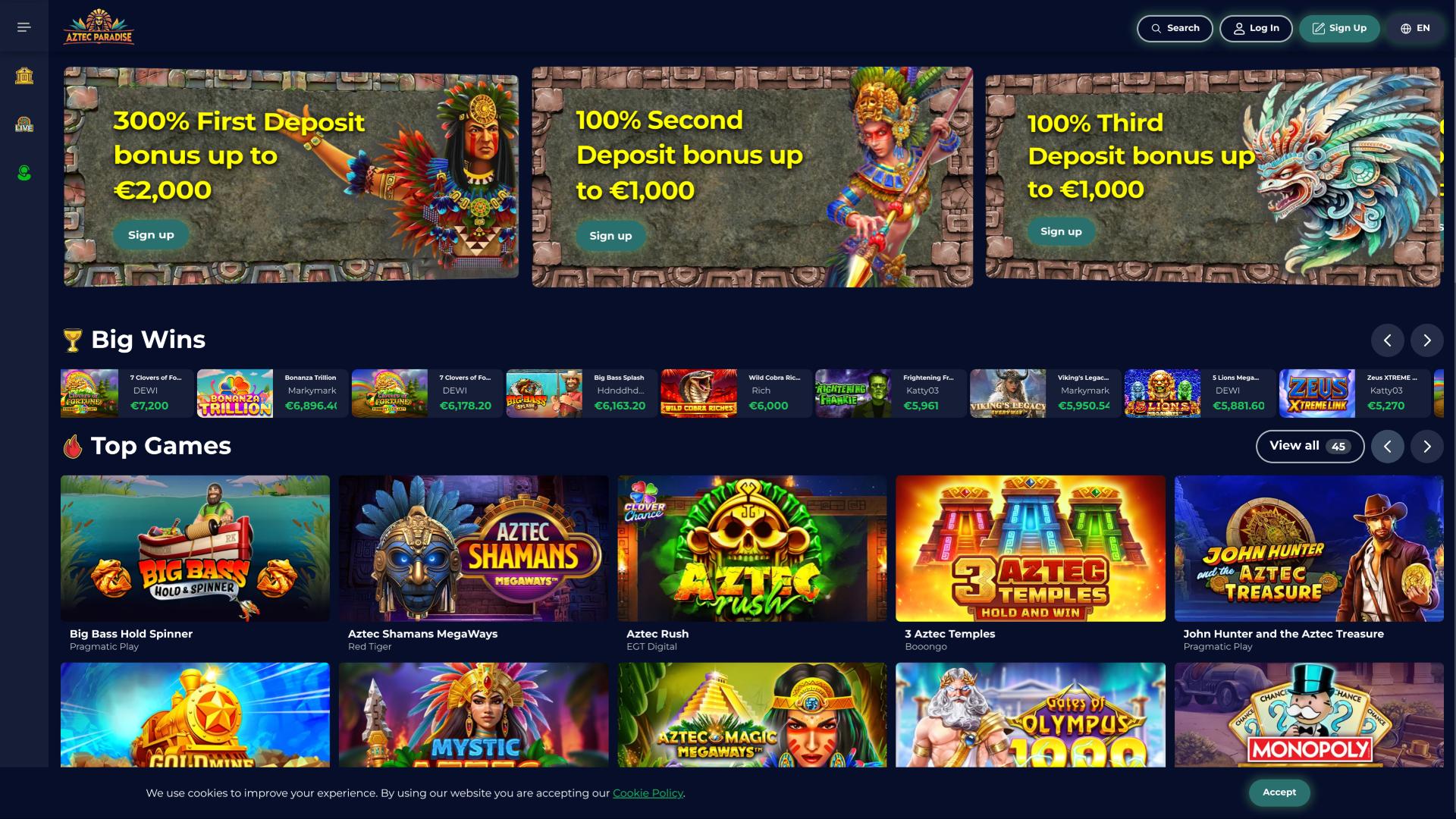 Aztec Paradise Casino homepage