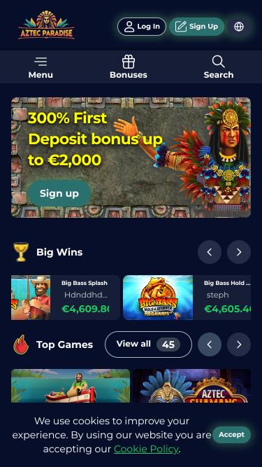 Aztec Paradise Casino mobile homepage